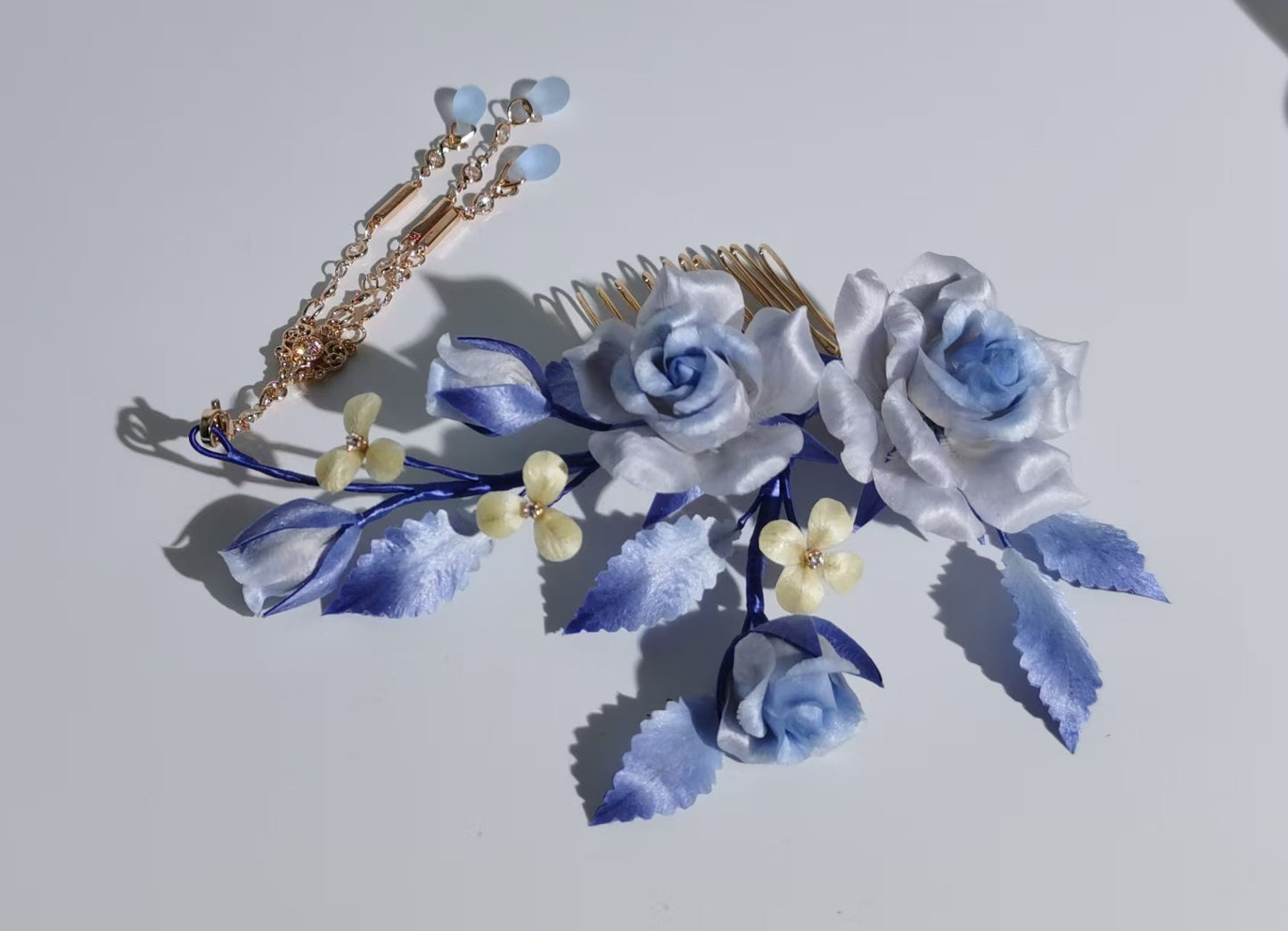 Blue rose hair clip mulberry silk velvet flower pre-order