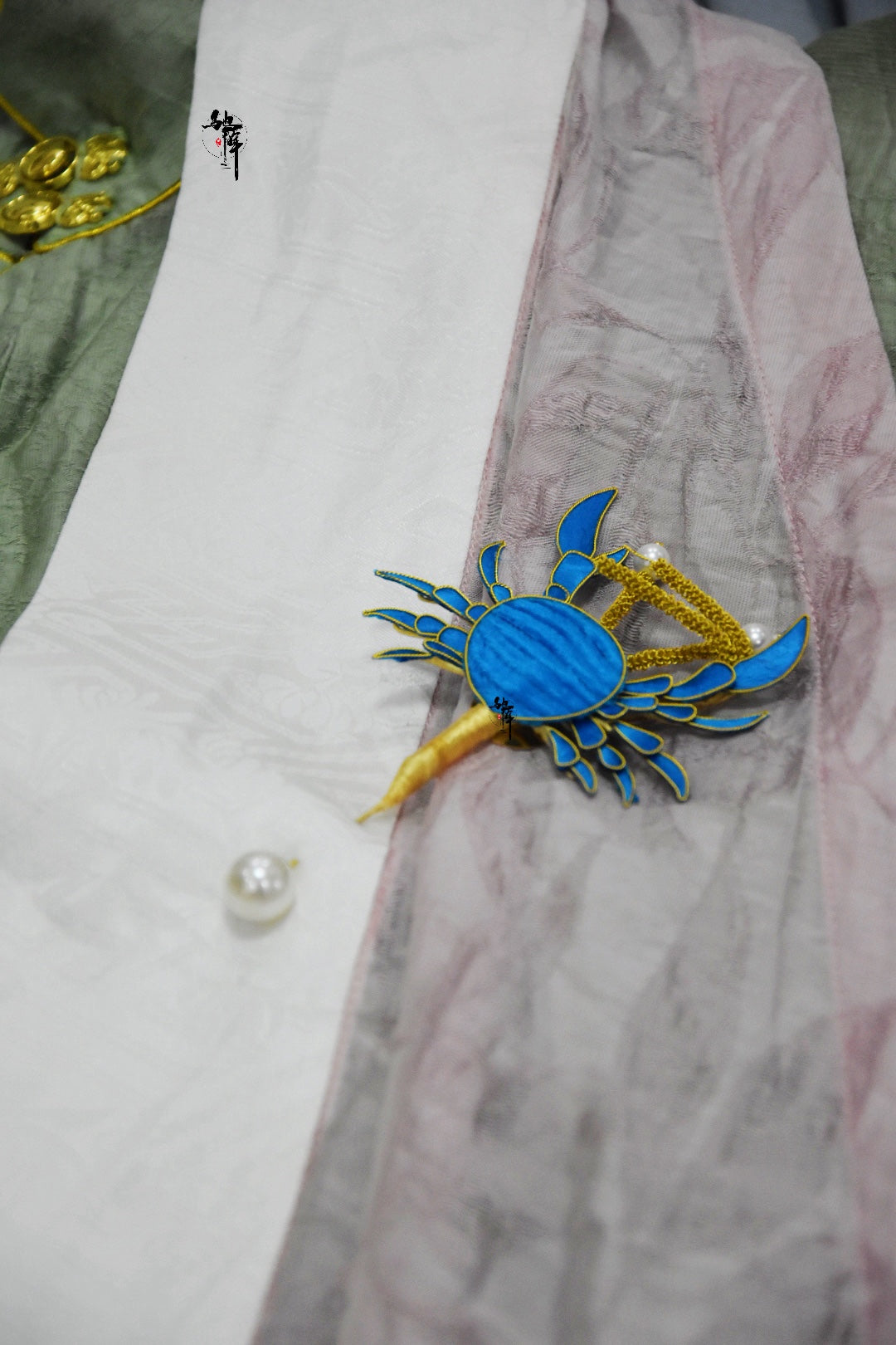 Blue crab mulberry silk brooch currently available