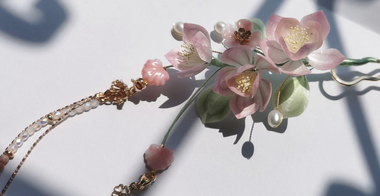 Pink/Purple flower mulberry silk hairpin currently available