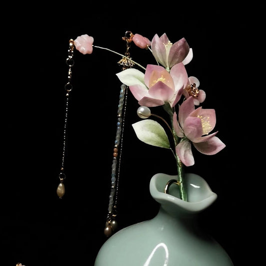 Pink/Purple flower mulberry silk hairpin currently available