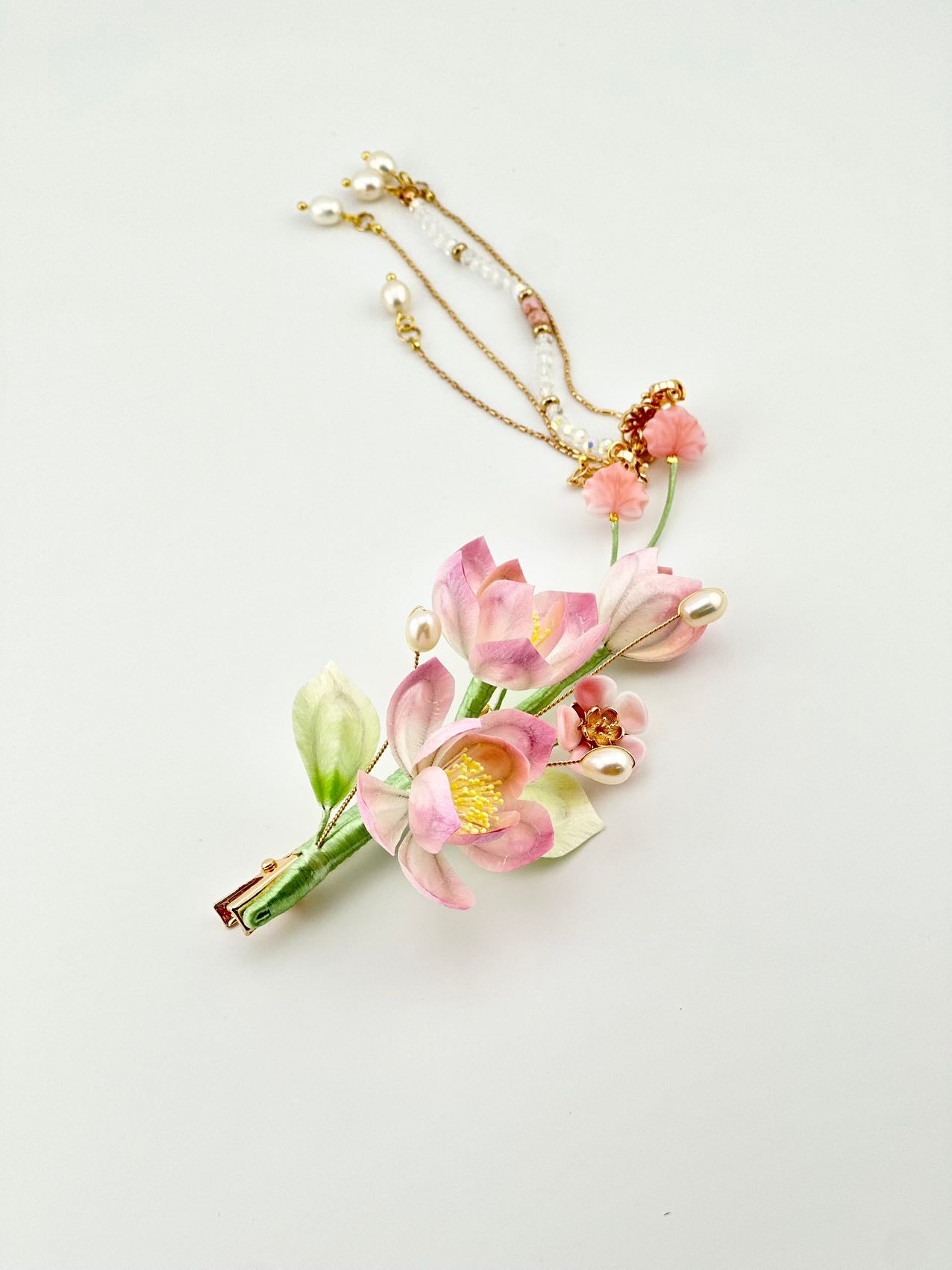 Pink/Purple flower mulberry silk hairpin currently available