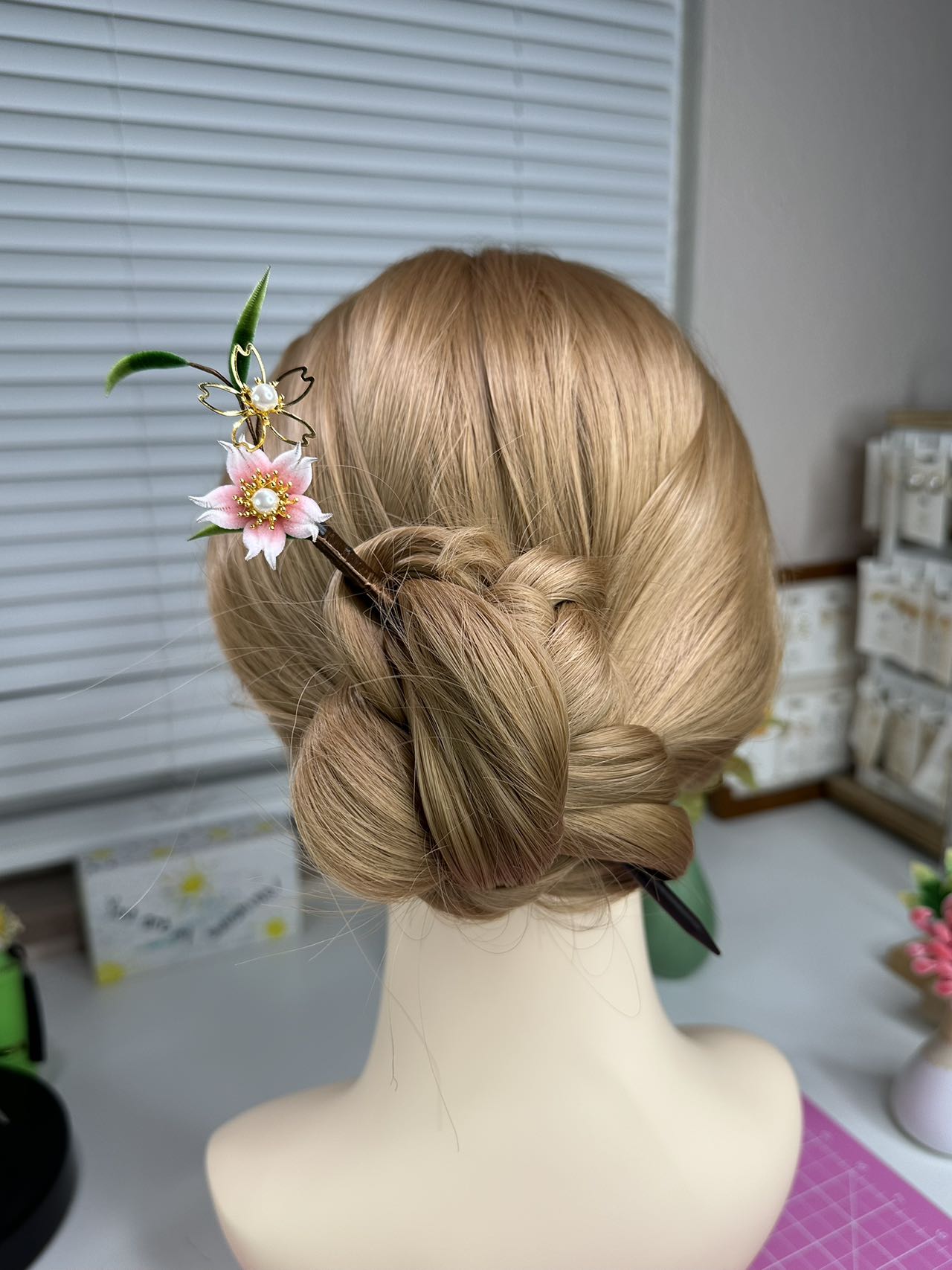 Cherry Blossom hair stick mulberry silk velvet flower hairpin currently available