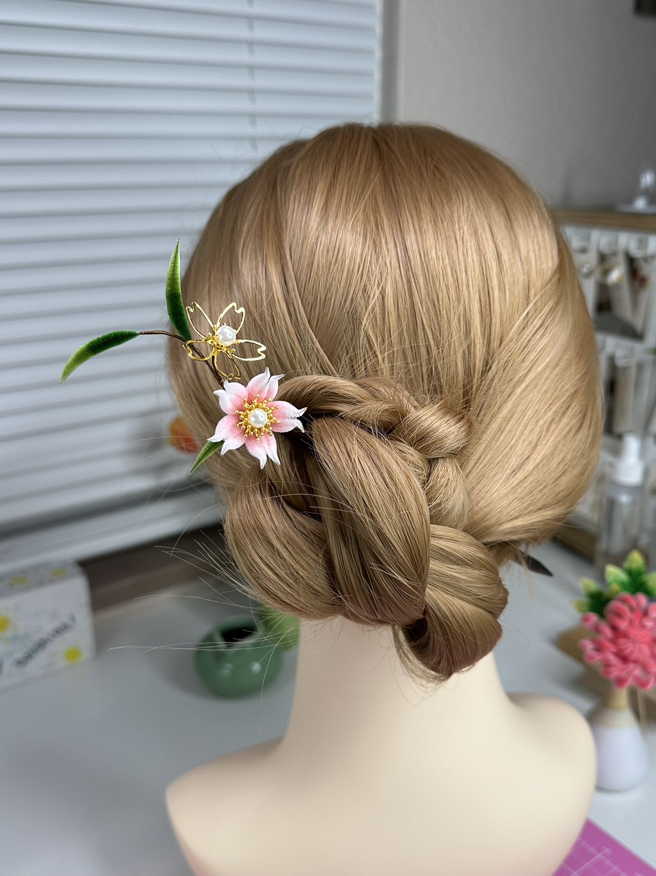 Cherry Blossom hair stick mulberry silk velvet flower hairpin currently available
