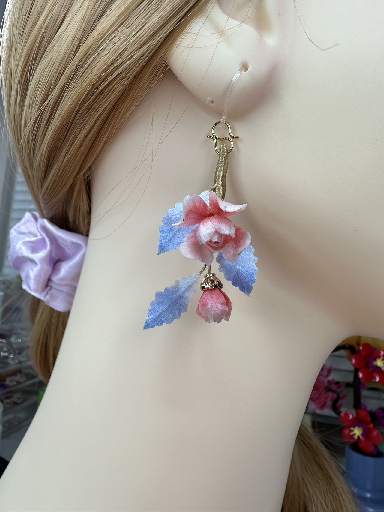Mini rose earrings mulberry silk velvet flower currently available