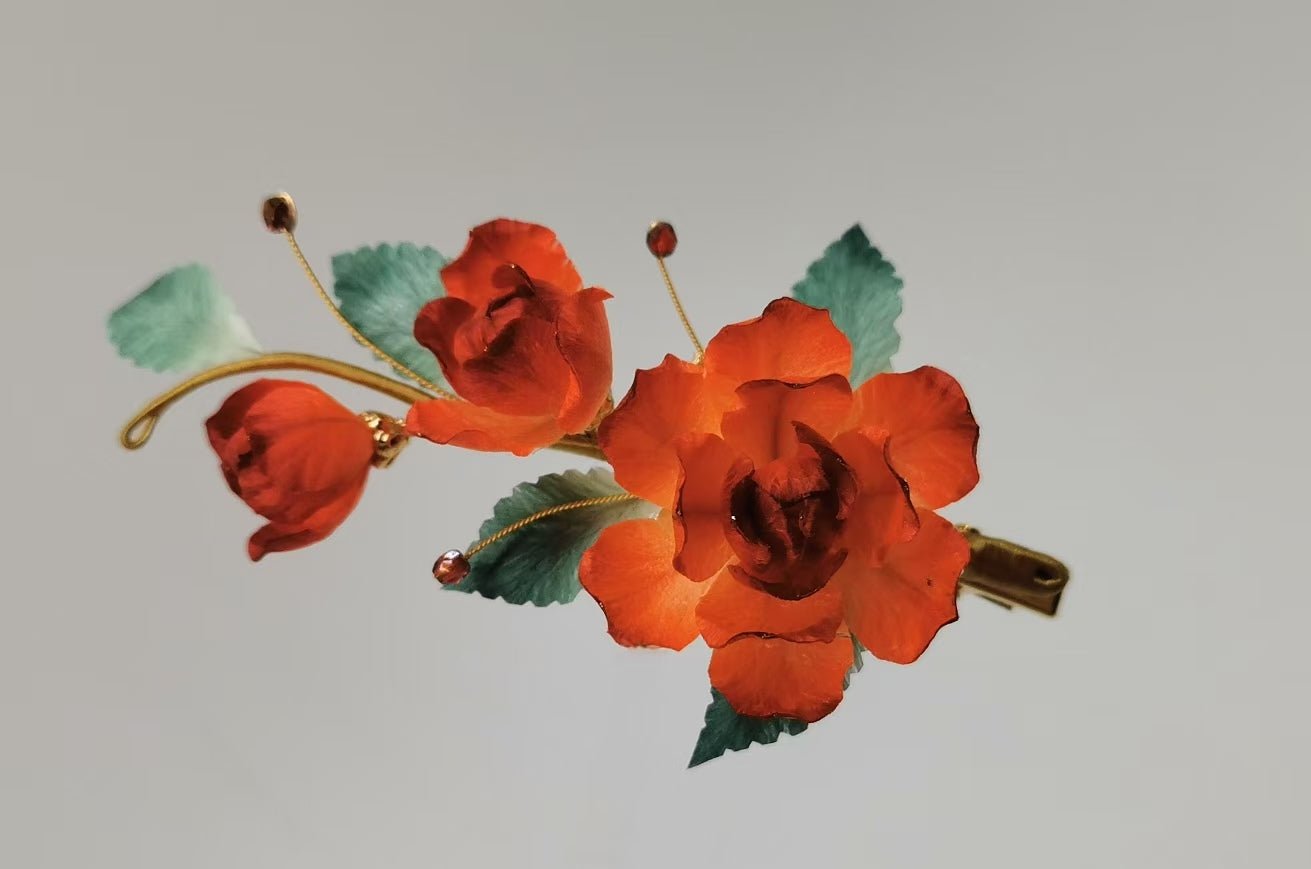 Red rose hair clip mulberry silk velvet flower currently available
