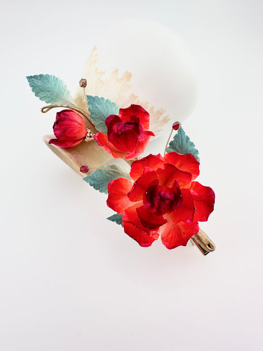 Red rose hair clip mulberry silk velvet flower currently available