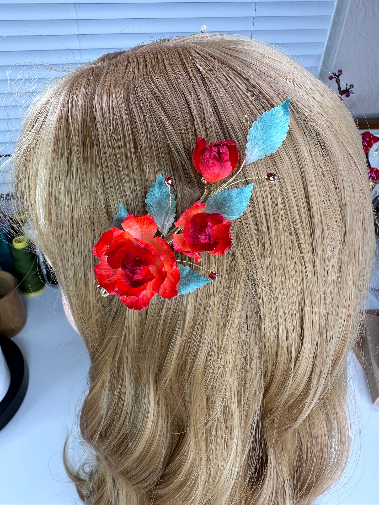 Red rose hair clip mulberry silk velvet flower currently available