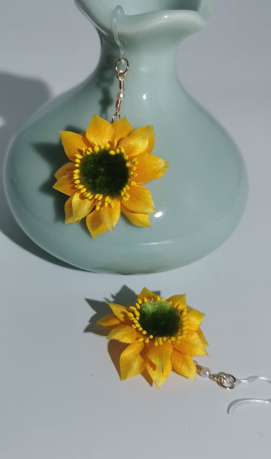 Sunflower earrings and brooch mulberry silk velvet flowers currently available