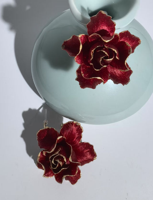 Red rose earrings mulberry silk velvet flower currently available