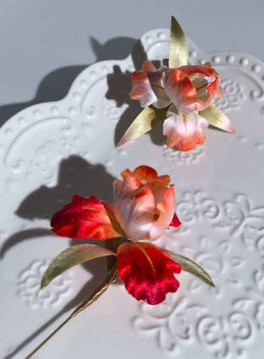 Iris hairpin and brooch mulberry silk velvet flower currently available