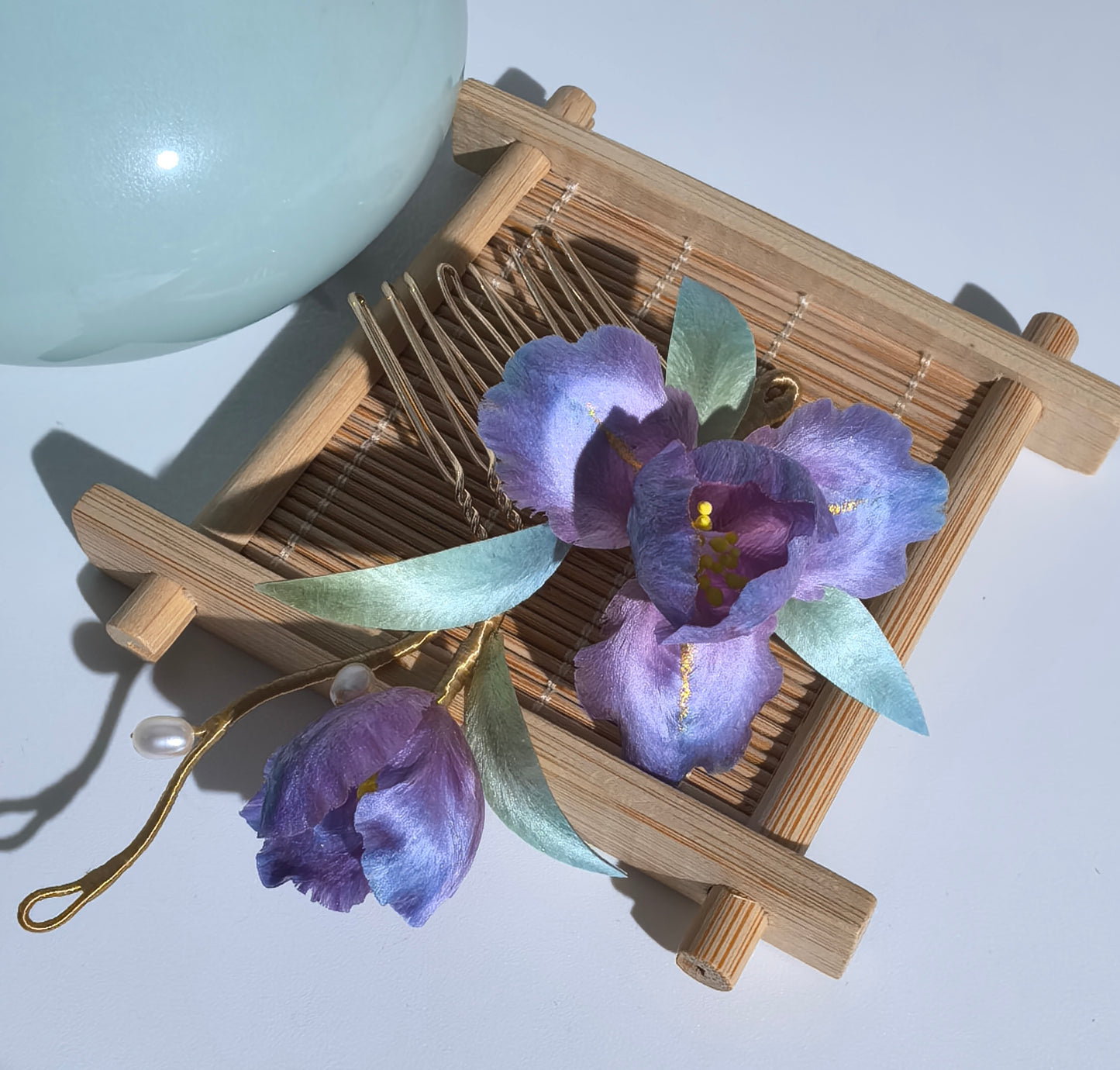 Iris hairpin and brooch mulberry silk velvet flower pre-order