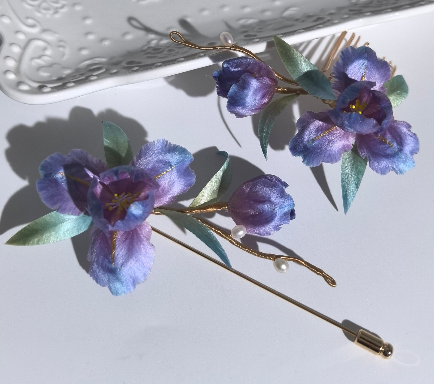 Iris hairpin and brooch mulberry silk velvet flower pre-order