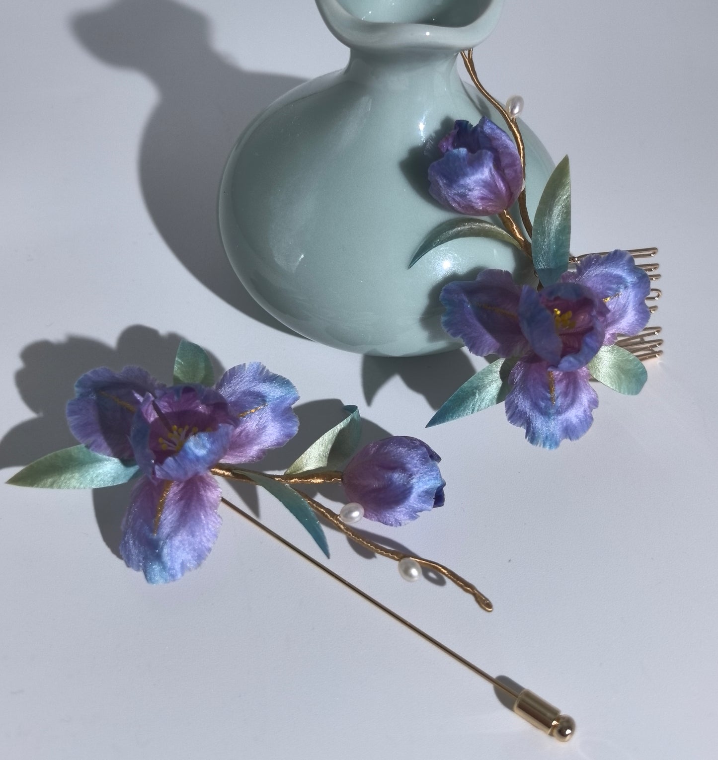 Iris hairpin and brooch mulberry silk velvet flower pre-order