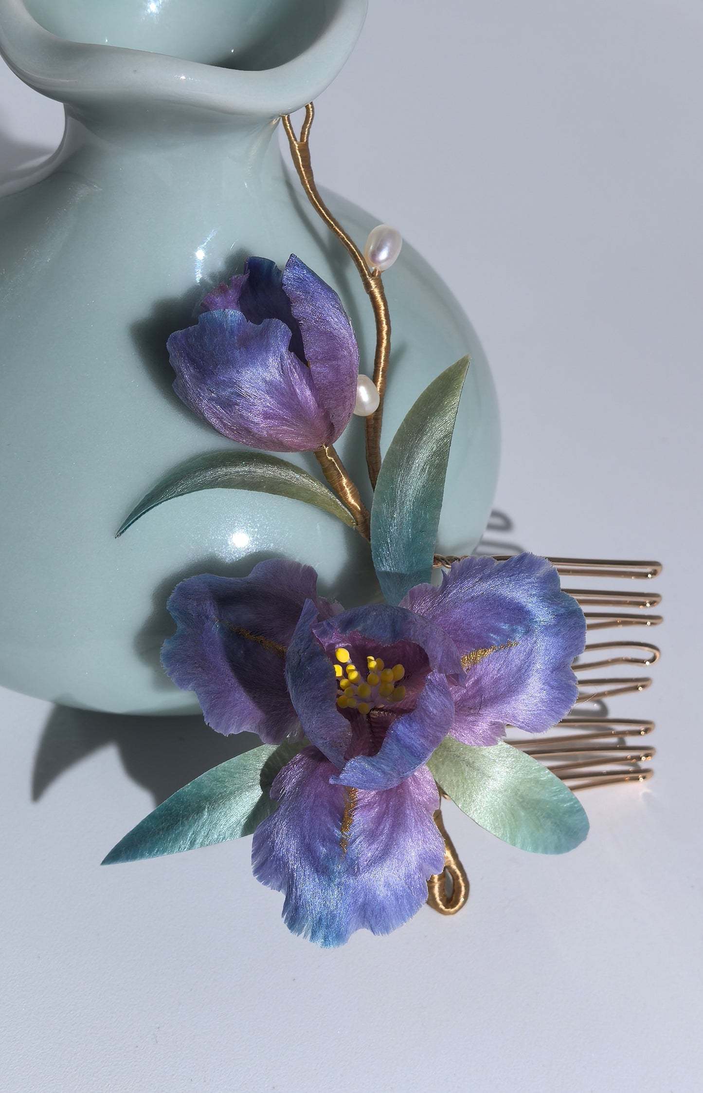 Iris hairpin and brooch mulberry silk velvet flower pre-order