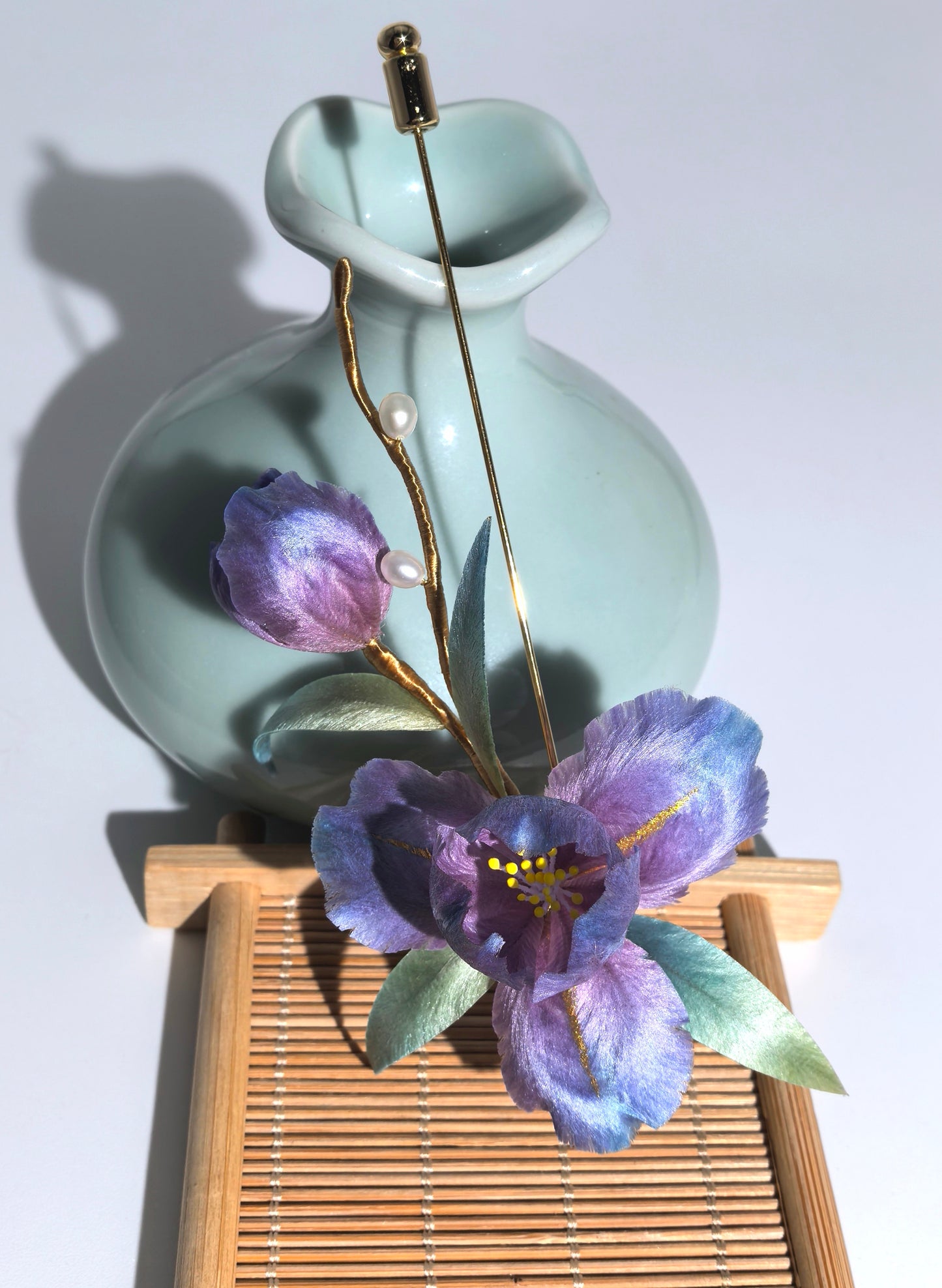 Iris hairpin and brooch mulberry silk velvet flower pre-order