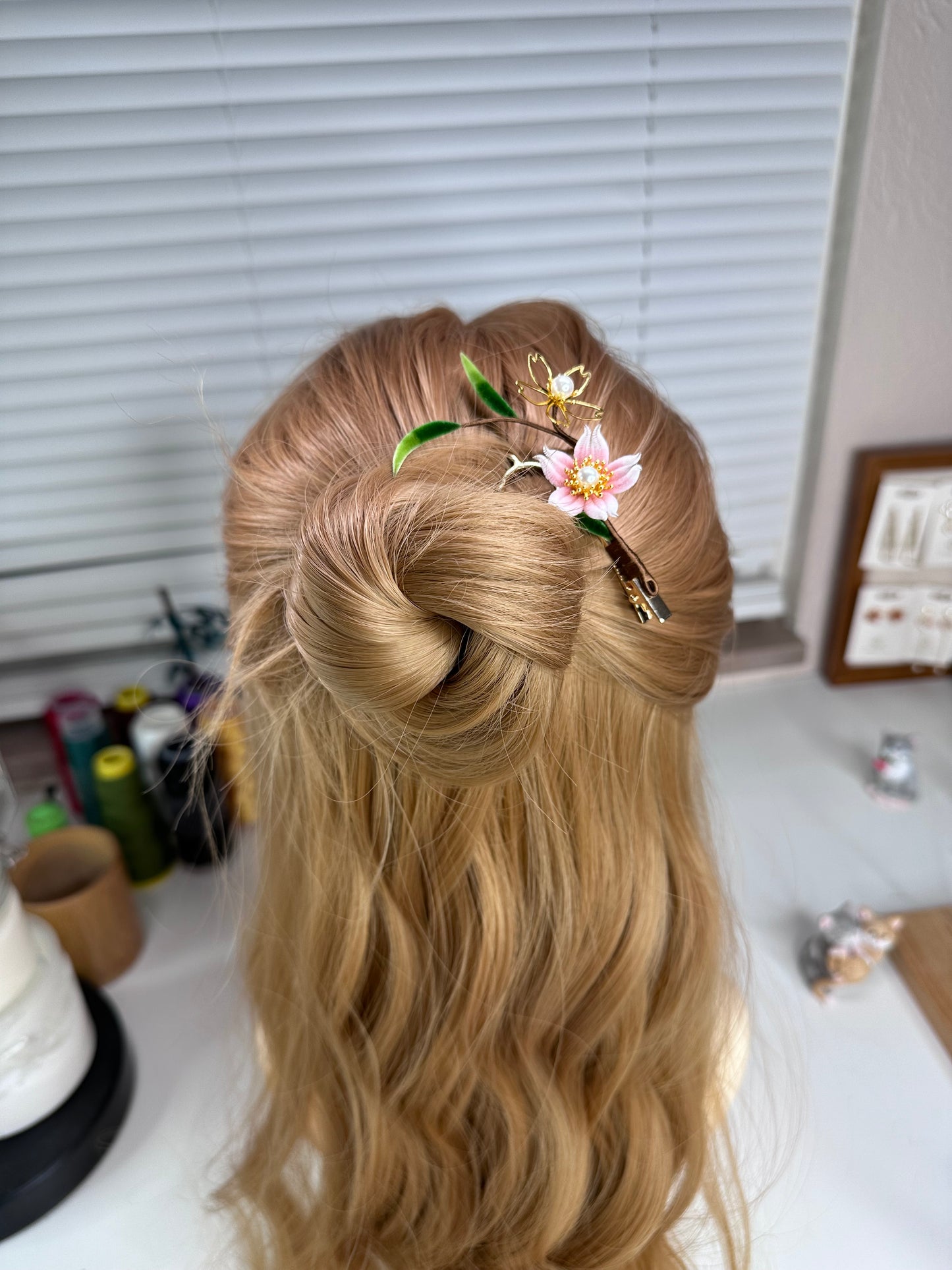 Cherry Blossom hair stick mulberry silk velvet flower hairpin currently available