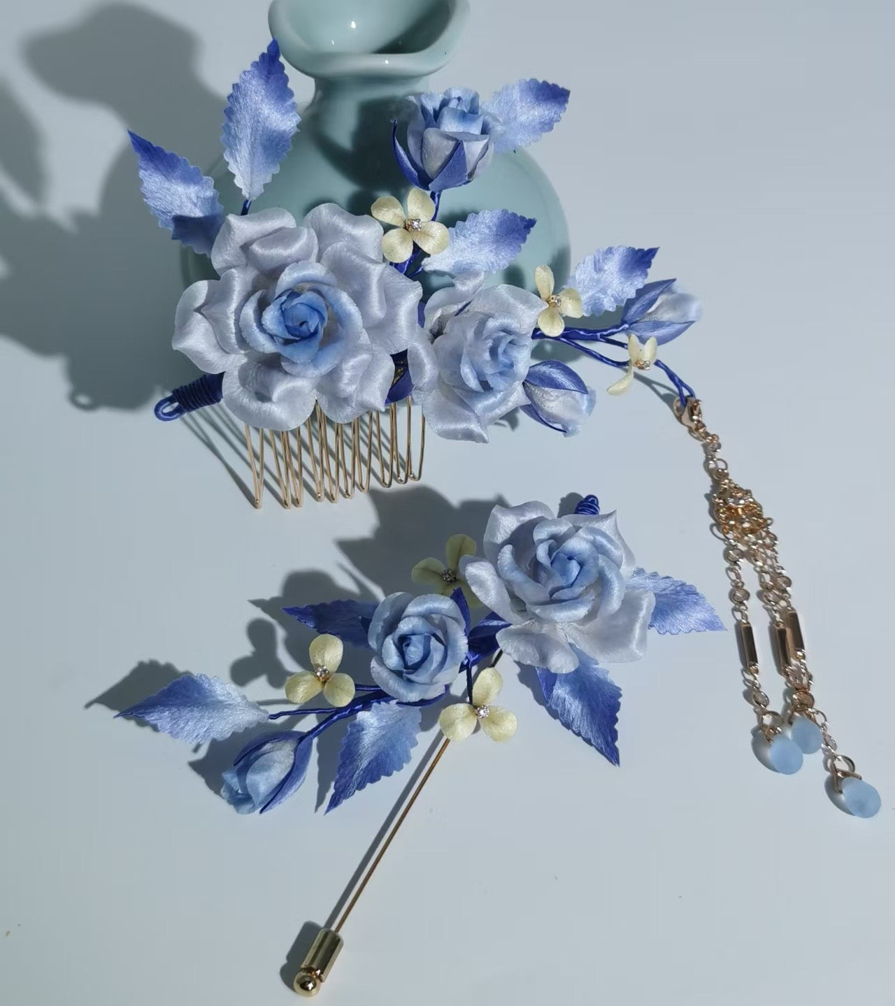 Blue rose hair clip mulberry silk velvet flower pre-order