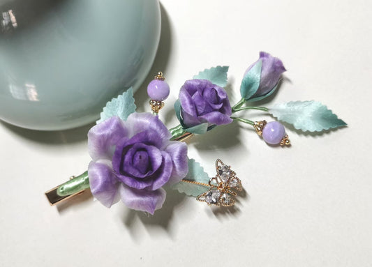 Purple rose hair clip mulberry silk velvet flower currently available
