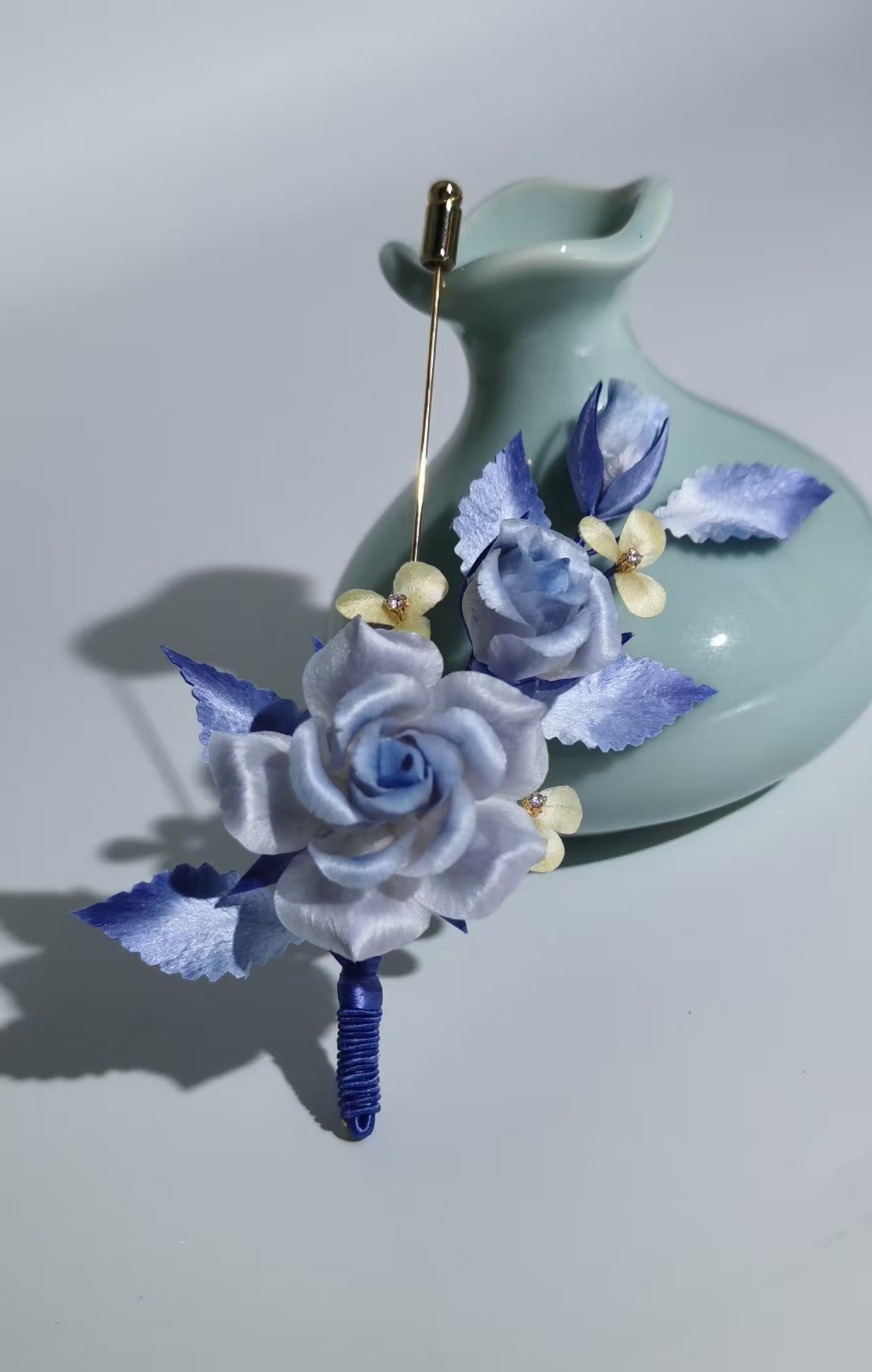 Blue rose hair clip mulberry silk velvet flower pre-order