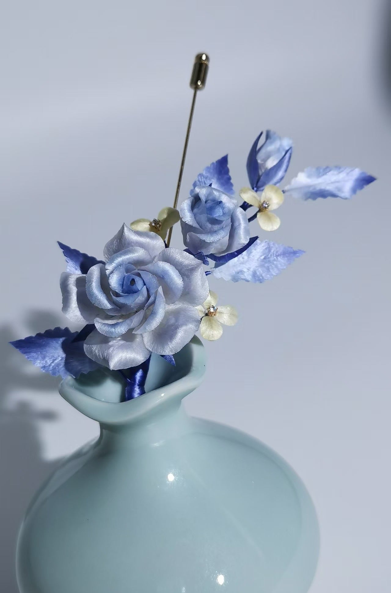 Blue rose hair clip mulberry silk velvet flower pre-order