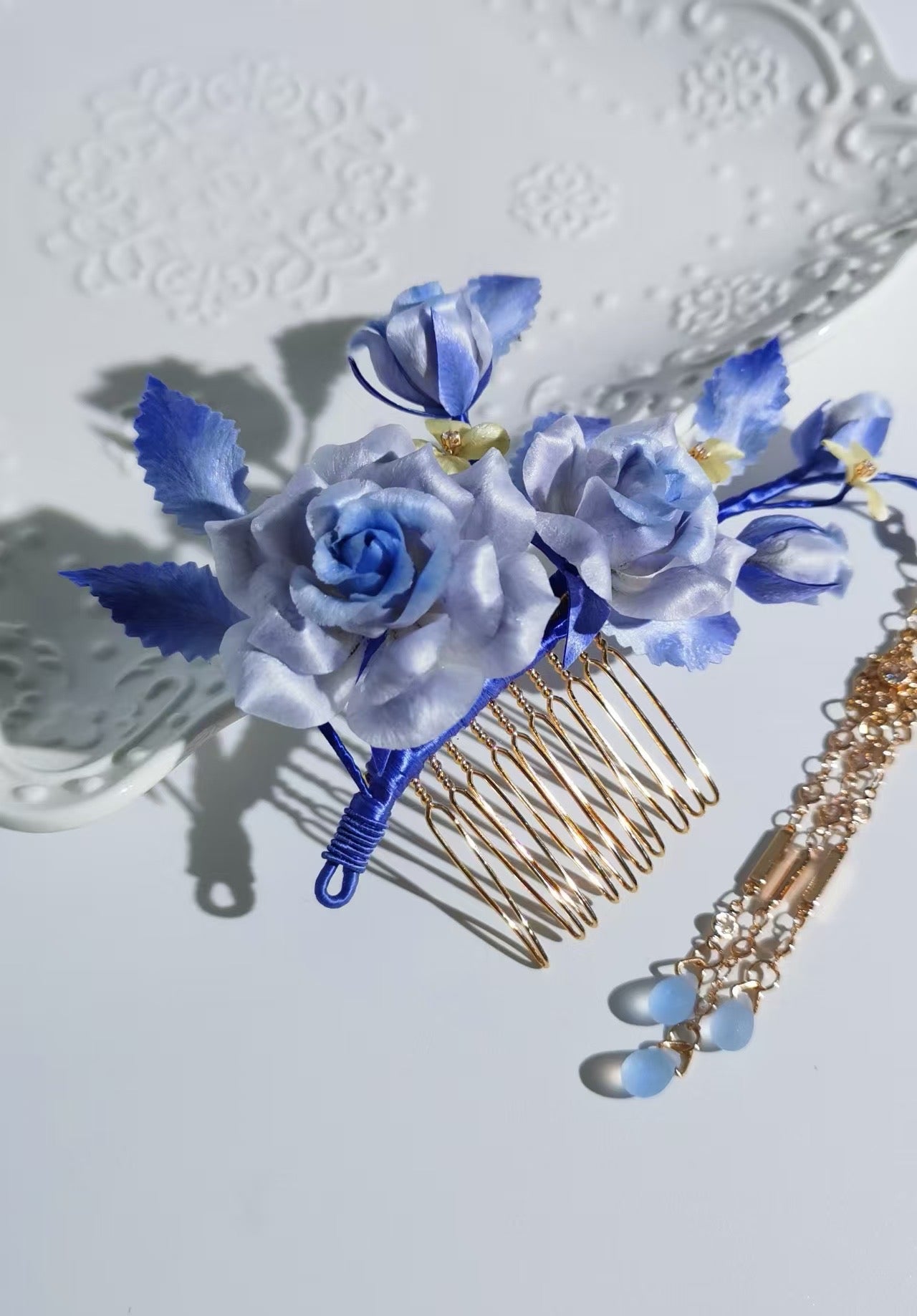Blue rose hair clip mulberry silk velvet flower pre-order
