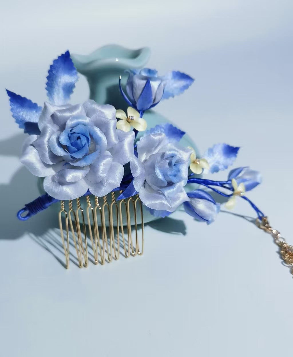 Blue rose hair clip mulberry silk velvet flower pre-order