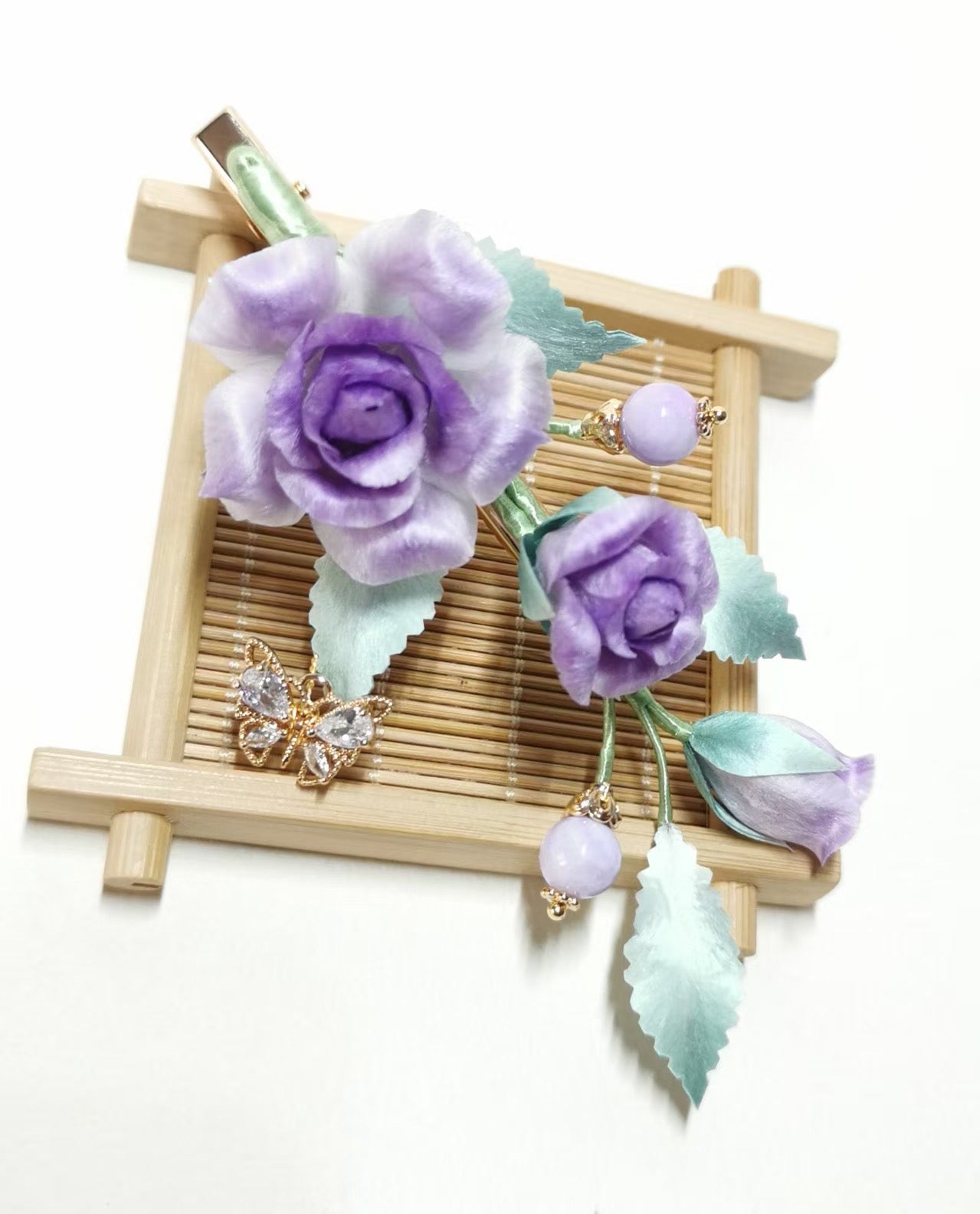 Purple rose hair clip mulberry silk velvet flower currently available