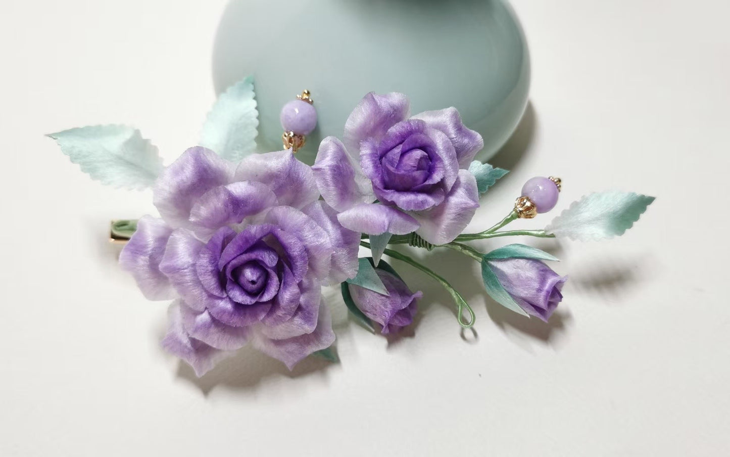 Purple rose hair clip mulberry silk velvet flower currently available