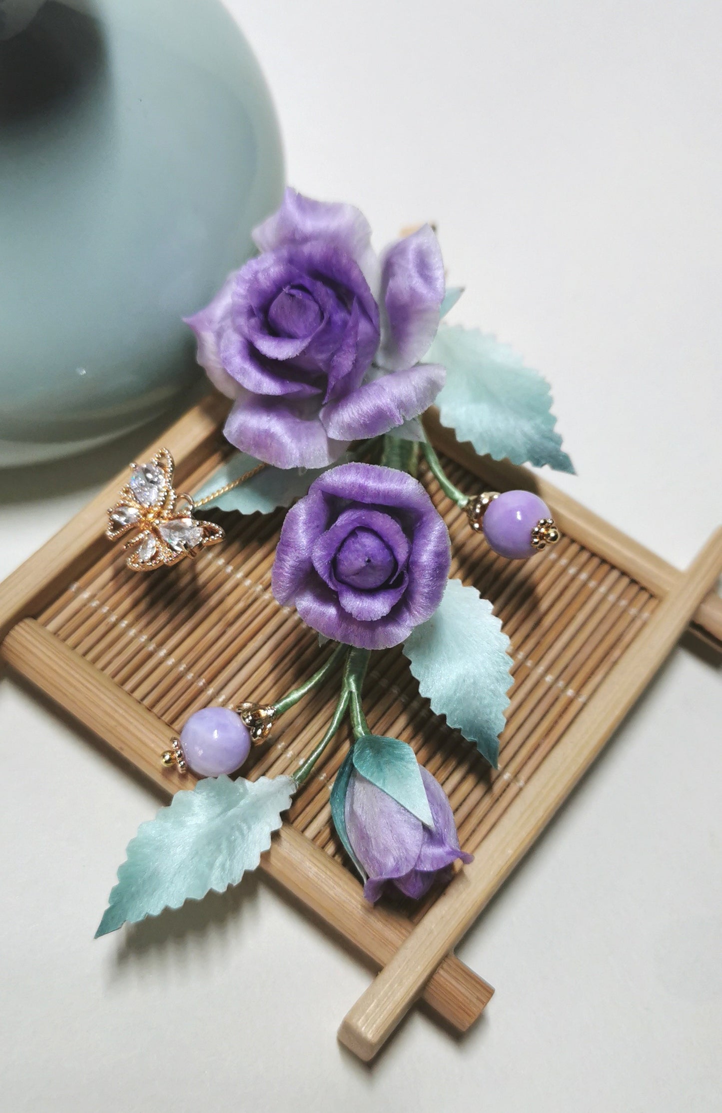 Purple rose hair clip mulberry silk velvet flower currently available
