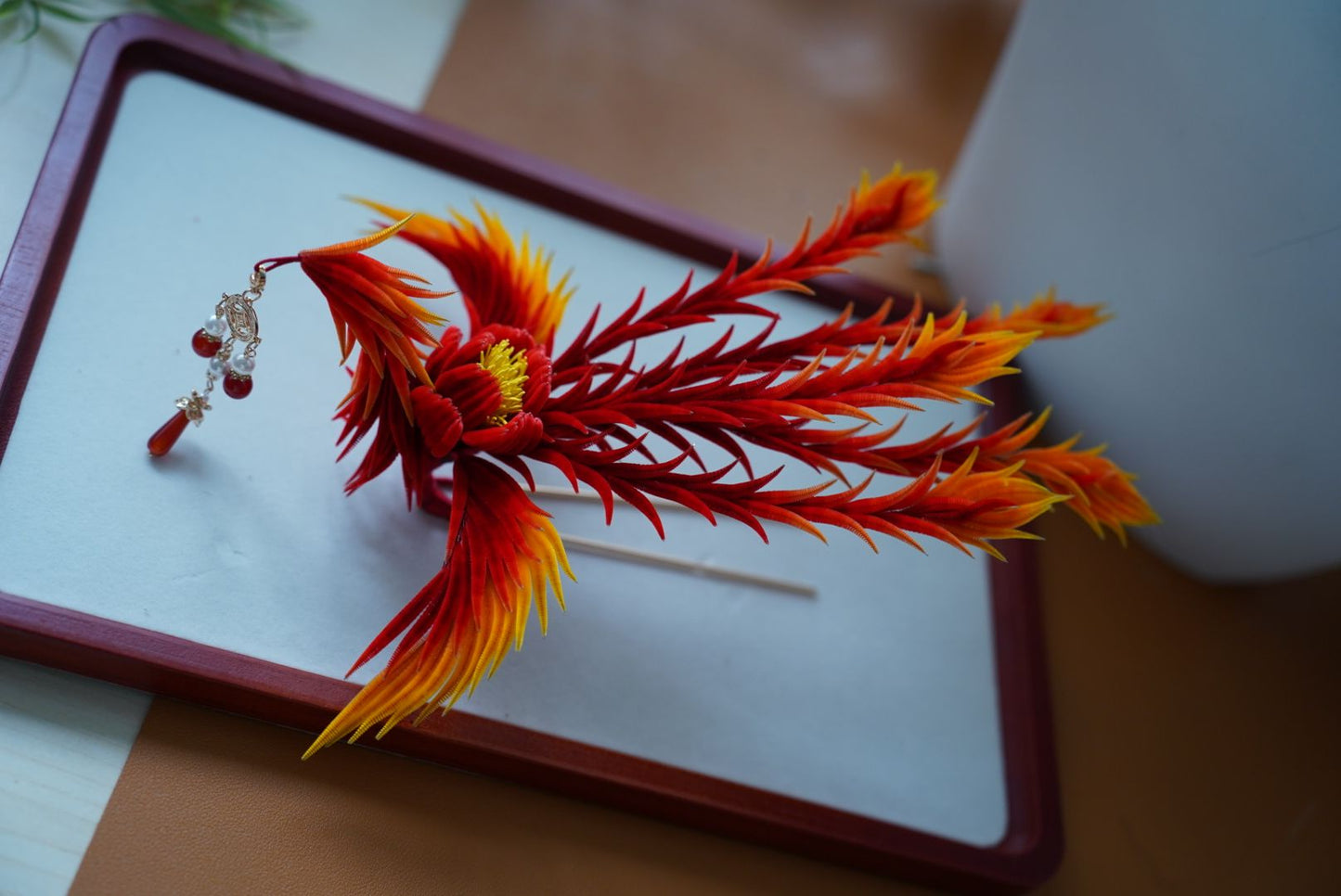 Fire phoenix mulberry silk hairpin pre-order