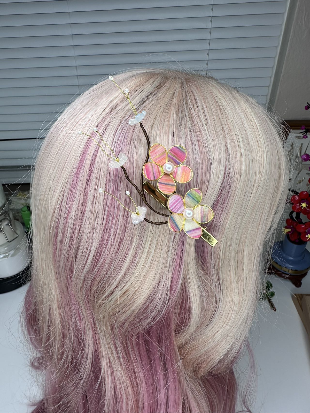 Tie dye pink flower hairpin mulberry silk velvet flower currently available