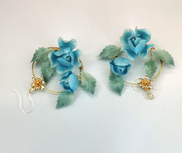 Blue rose earrings mulberry silk velvet flower currently available