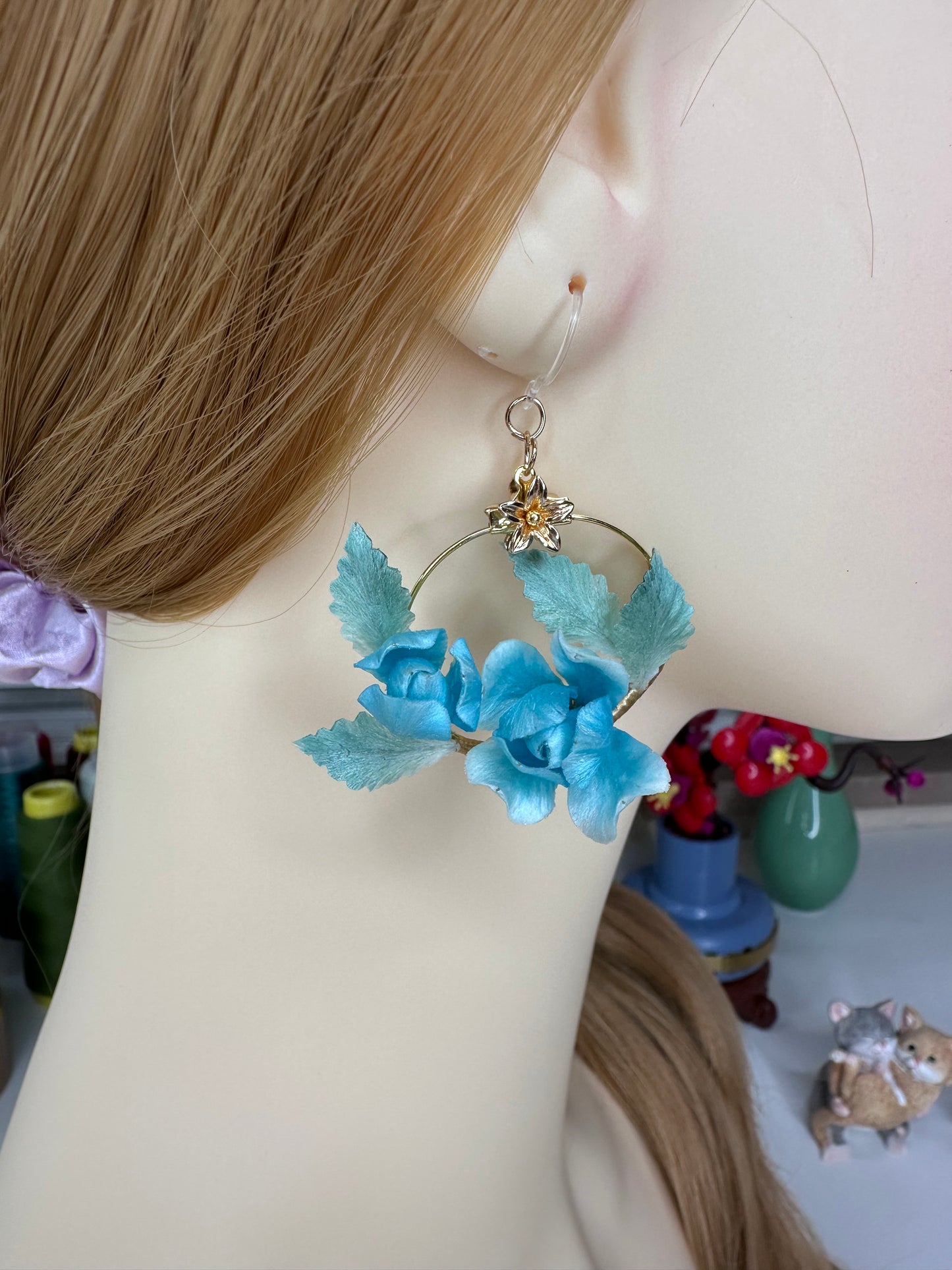 Blue rose earrings mulberry silk velvet flower pre-order