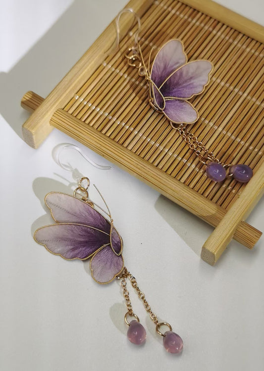 Purple butterfly earrings mulberry silk velvet flower currently available